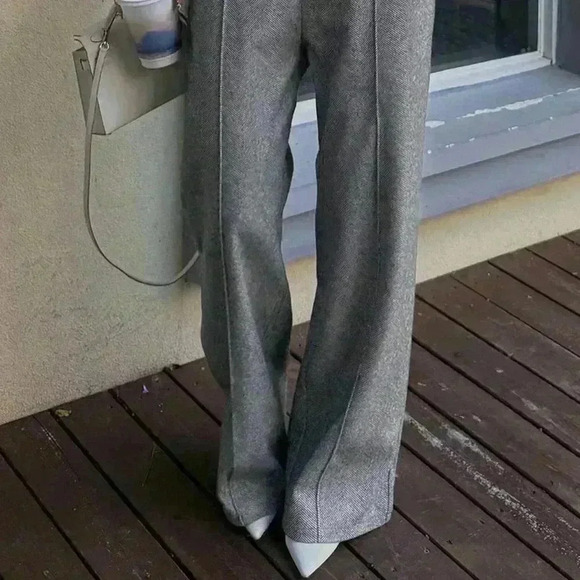 Grey Women's Straight Woolen Casual Pants Loose Trousers - Picture 6 of 7